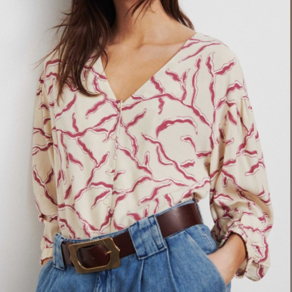 Ba&Sh ~ Ecru Clea Print V-Neck Button Front Blous… - image 1